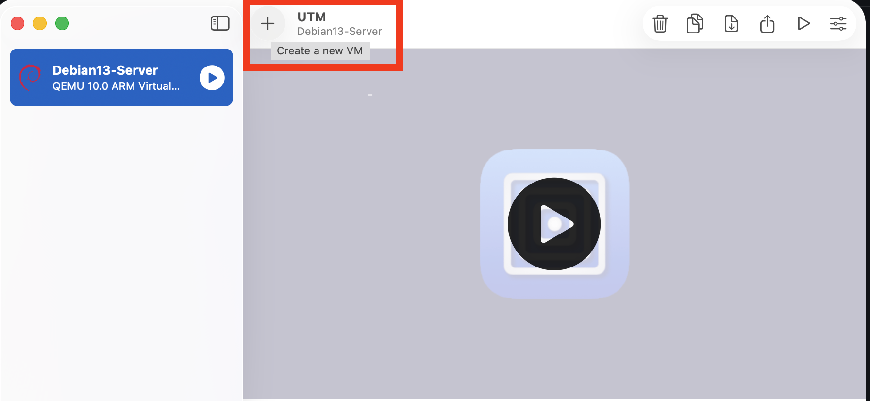 UTM — click the + button to create a new VM