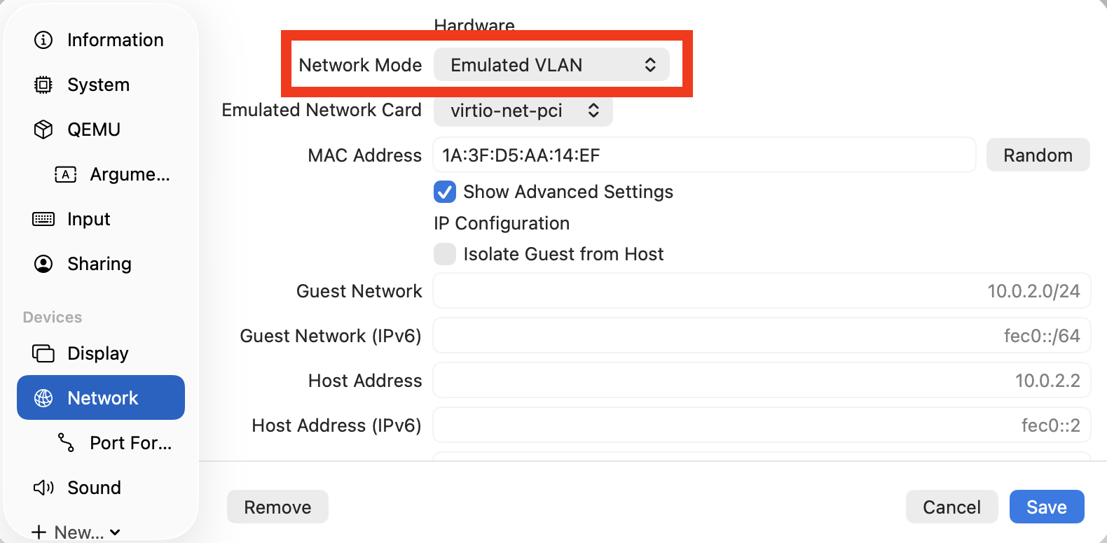 UTM VM Settings — Network mode changed to Emulated VLAN