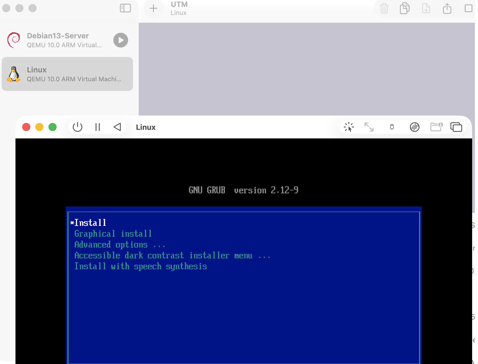 UTM VM booting — GRUB menu with Install highlighted