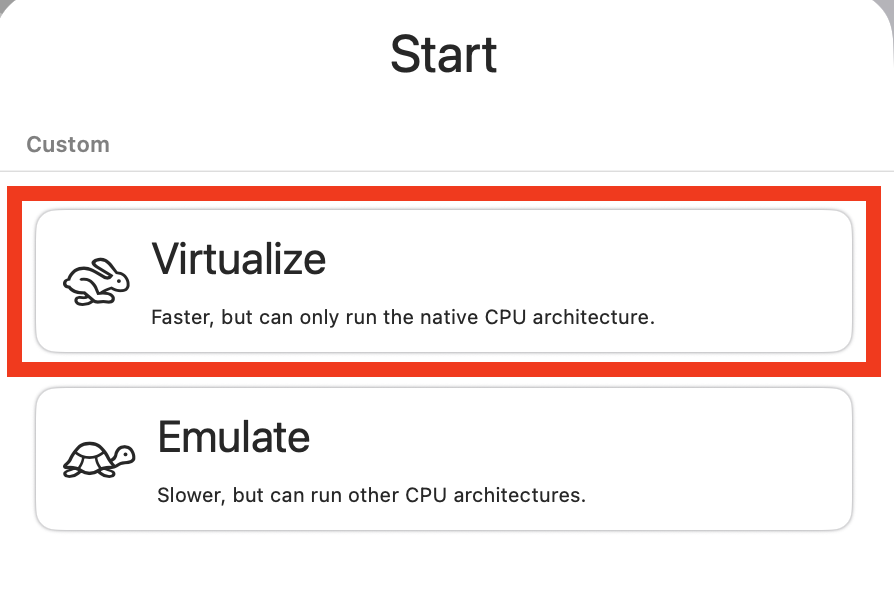 UTM Start screen — choose Virtualize