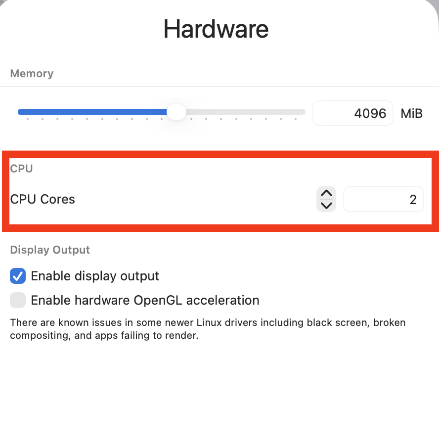 UTM Hardware — 4096 MiB RAM, 2 CPU cores