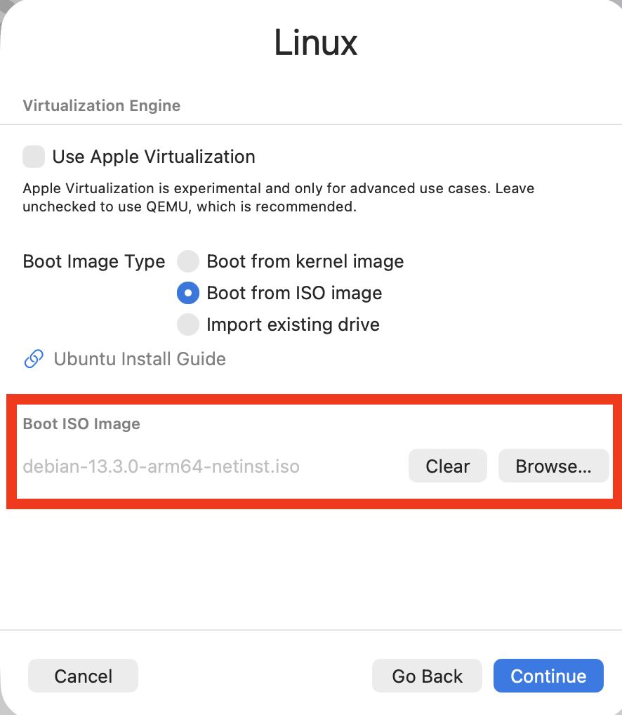 UTM Linux settings — select the ARM64 netinstall ISO