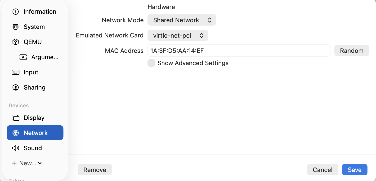 UTM VM Settings — Network in Shared Network (NAT) mode